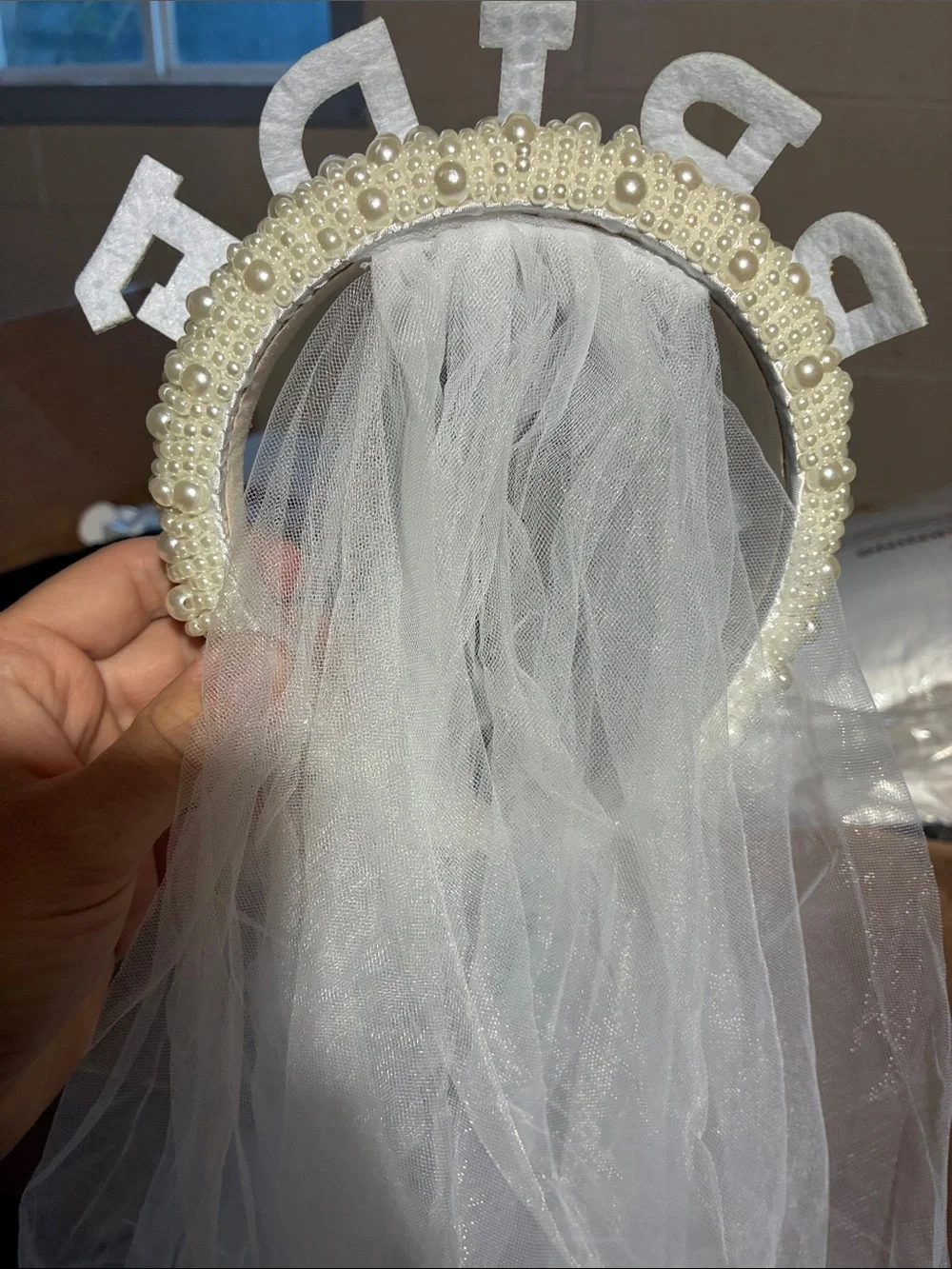 Pearl 'BRIDE' Headband with White Veil